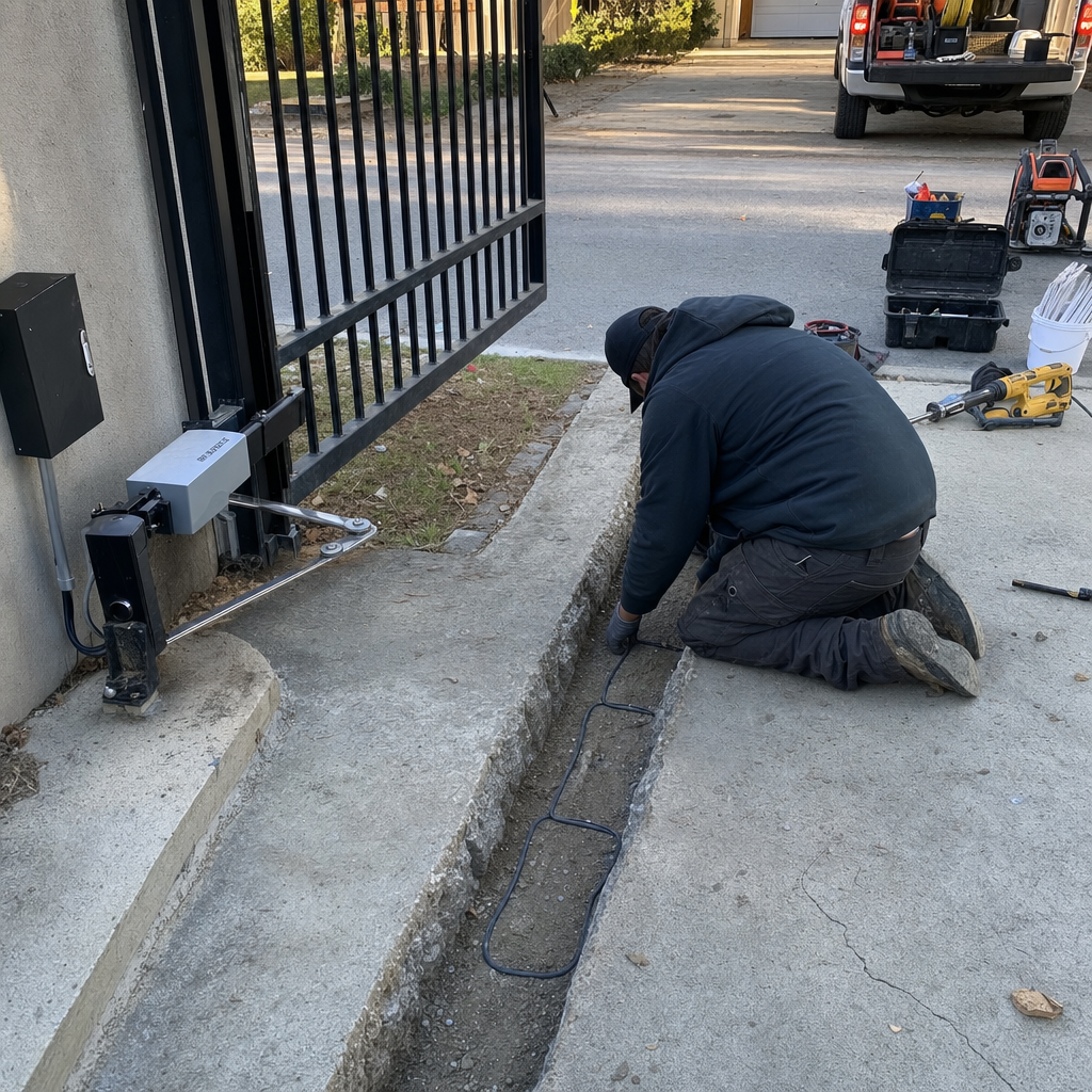 Technician installing in-ground vehicle detection loop for automatic gate system