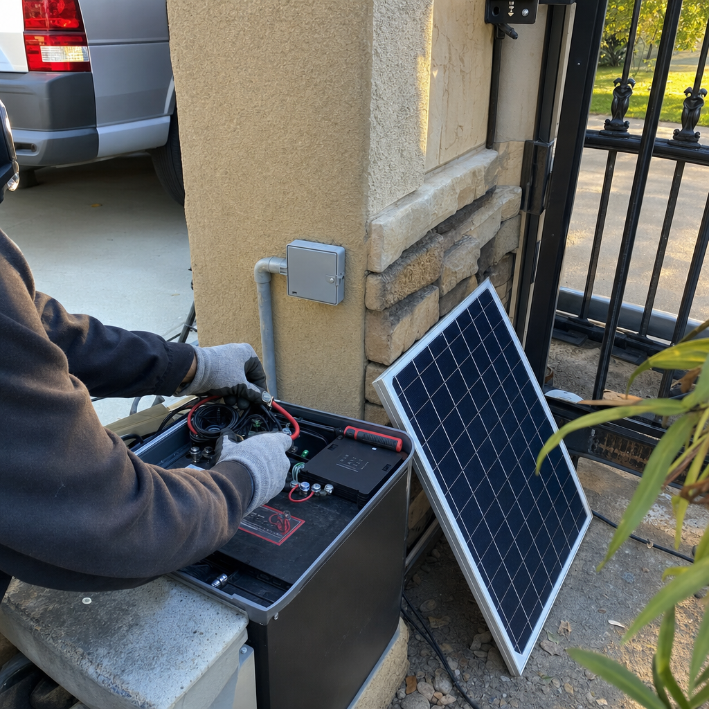 Technician repairing residential gate access control system and solar panel battery