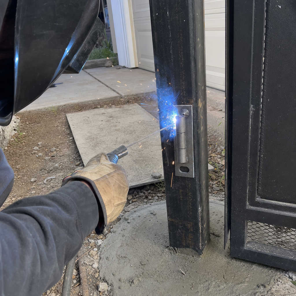 Welder installing a metal hinge on a steel gate post