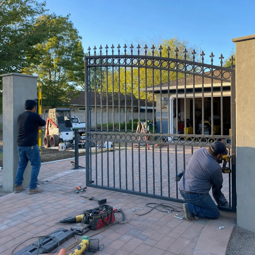 Two technicians installing a decorative metal driveway gate