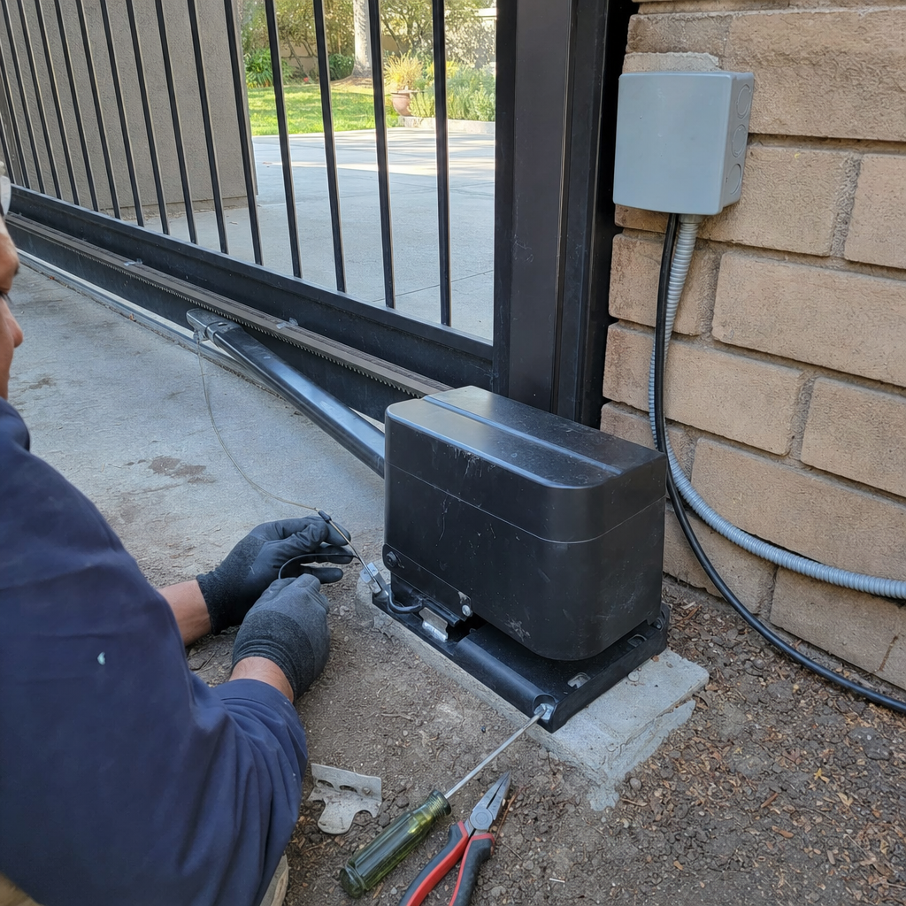 Technician performing automatic gate motor and opener repair service