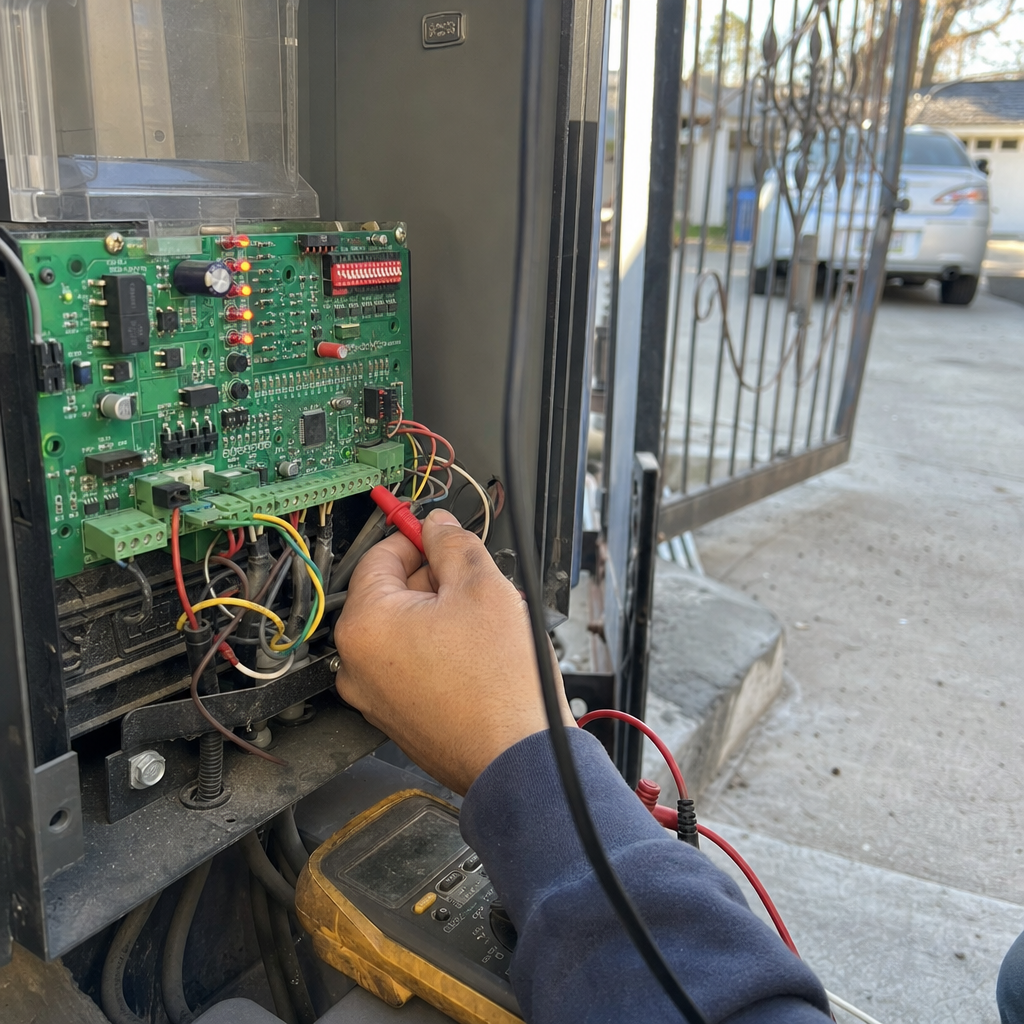 Technician troubleshooting gate motor control board with multimeter