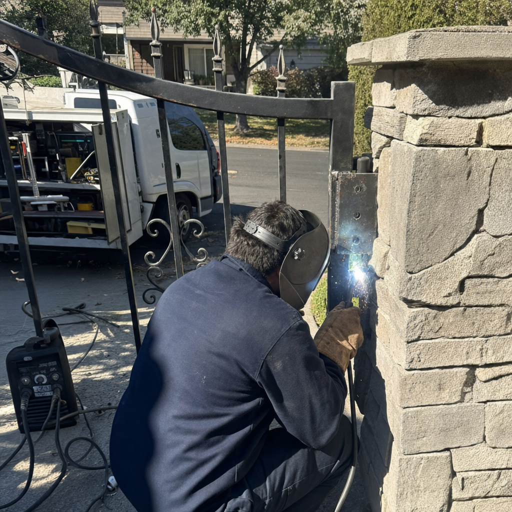 Professional welding technician repairing a wrought iron driveway gate.