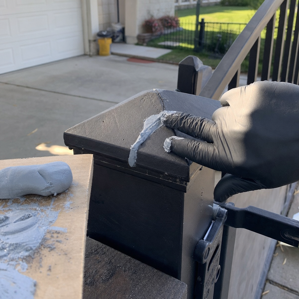 Gloved hand applying epoxy filler to repair a metal gate post crack