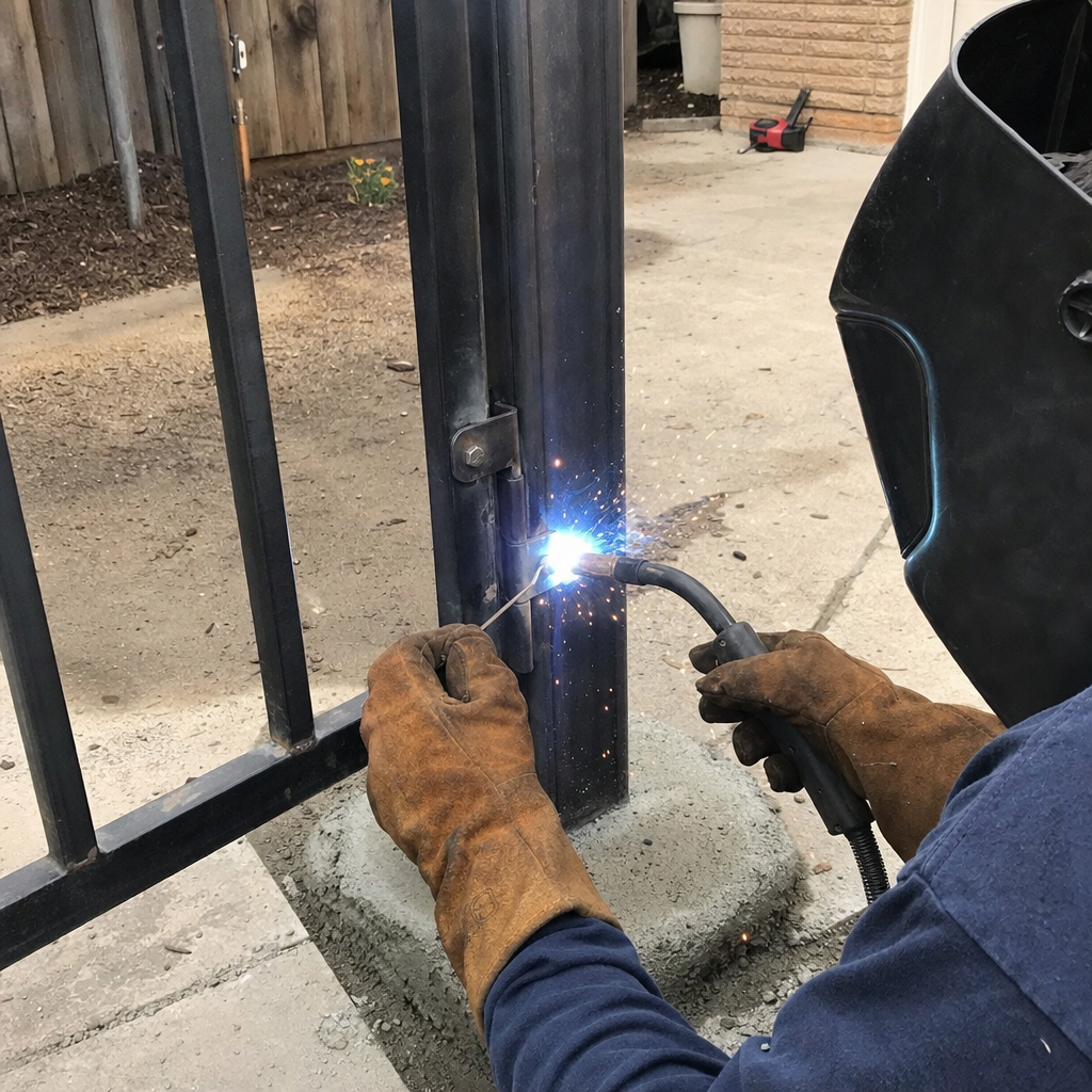 professional welding a hinge onto a metal gate post