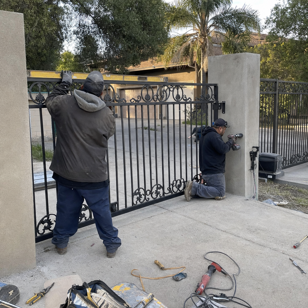 Two professionals installing a black metal driveway gate on concrete pillars