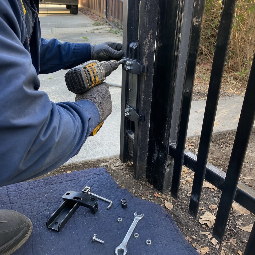 Technician using a power drill to repair a metal gate